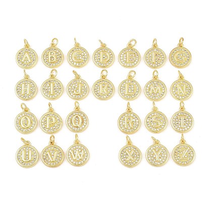 Brass Micro Pave Clear Cubic Zirconia Charms, Flat Round & Letter A~Z Charms