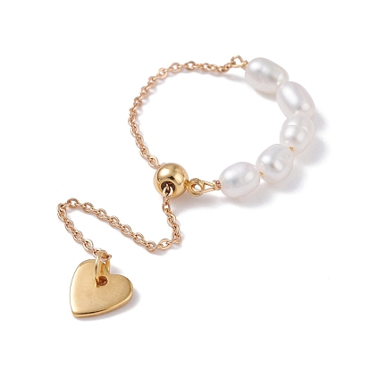 Infinity Heart Love Dangle Slider Finger Ring for Girl Women, Natural Pearl Beads Ring