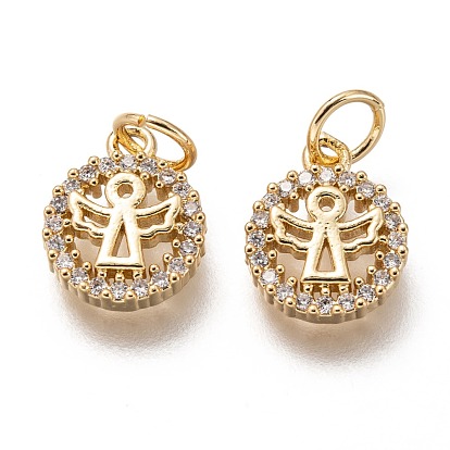 Brass Micro Pave Clear Cubic Zirconia Charms, Long-Lasting Plated, with Jump Ring, Flat Round with Angel