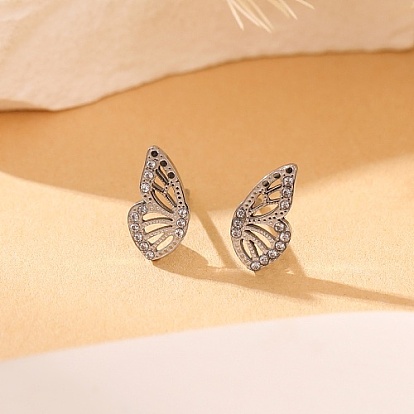304 Stainless Steel Micro Pave Cubic Zirconia Stud Earrings for Women, Butterfly