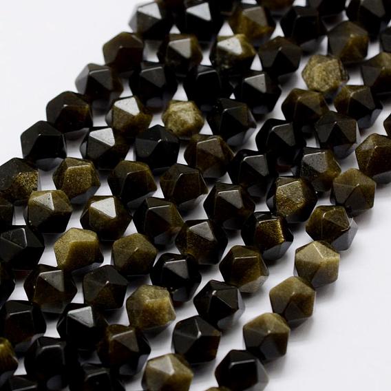 Natural Golden Sheen Obsidian Beads Strands, Star Cut Round Beads, Faceted