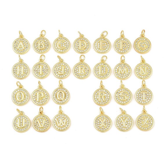Latón micro pavimenta claro cubic zirconia encantos, dijes planos redondos y con las letras de la a a la z