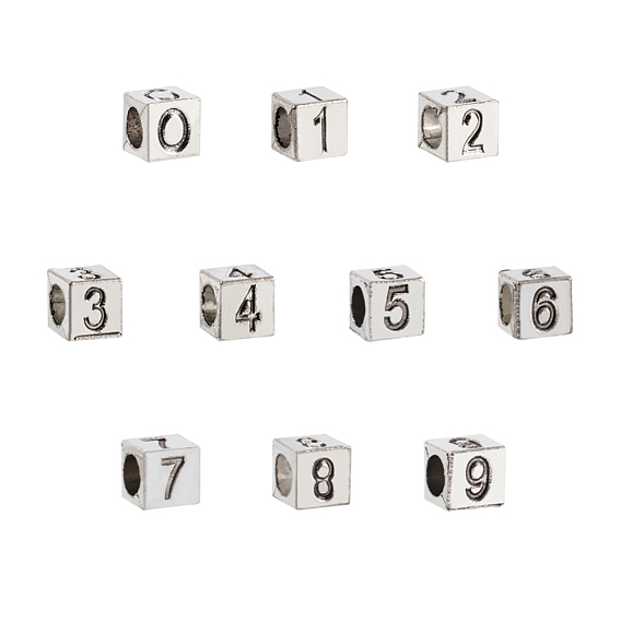 Alloy European Beads, Large Hole Beads, Cube with Number