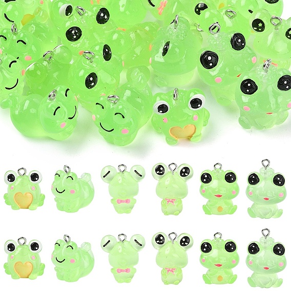 24Pcs 6 Styles Luminous Frog Resin Pendants, Glow in the Dark Charms with Stainless Steel Color Plated 304 Stainless Steel Loops, Lime Green