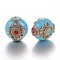 Tibetan Style Beads, Flat Round, Imitation Beeswax and Synthetic Turquoise, with Brass Findings, Antique Golden