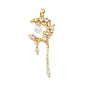 Brass Micro Pave Pink Cubic Zirconia Pendants, with Plastic Pearl, Moon with Flower Charms