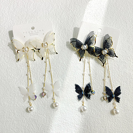 Black and white organza tassel earrings yarn temperament butterfly long fairy earrings exaggerated temperament necklace clavicle chain