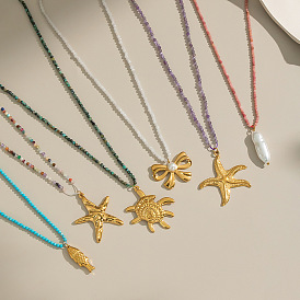 Океанская тематика драгоценные камни круглые бусины 304 ожерелья из нержавеющей стали подвески для женщин, реальный 18 k позолоченный