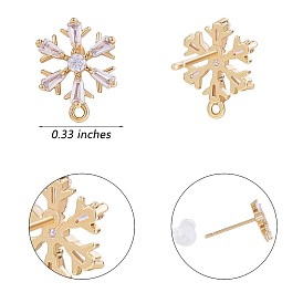 8Pcs Brass Micro Pave Zirconia Snowflake Stud Earrings Findings, with Vertical Loops