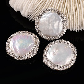 Flat Round Natural Cultured Freshwater Pearl Beads, with Polymer Clay Rhinestone