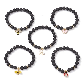 8.5mm Round Natural Lava Rock Beaded Stretch Bracelets, Ladybug/Butterfly/Bees/Dragonfly Alloy Insect Charm Bracelets for Women
