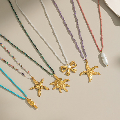 Океанская тематика драгоценные камни круглые бусины 304 ожерелья из нержавеющей стали подвески для женщин, реальный 18 k позолоченный