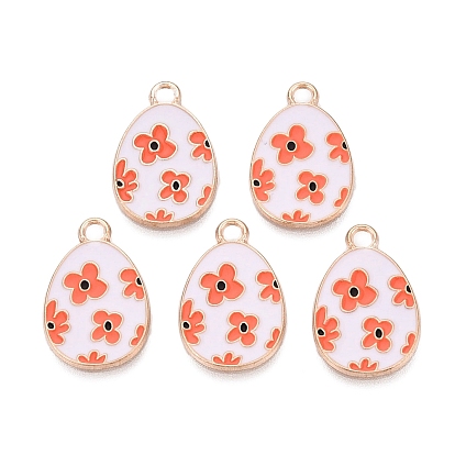 Alloy Enamel Pendants, Light Gold, Cadmium Free & Lead Free, Easter Egg Shape with Flower