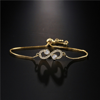 Adjustable Copper Micro Inlaid Zircon Heart Infinity Bracelet for Women