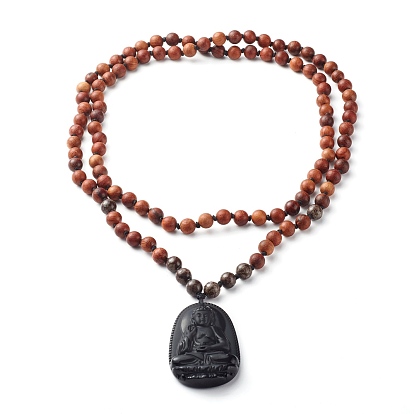 Collares pendientes de buda tallado obsidiana natural, con obsidiana copo de nieve natural y cuentas de madera natural