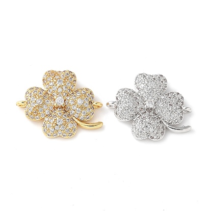 Шармы-соединители из латуни с микропаве из прозрачного кубического циркония, клевер, без кадмия и без свинца, долговечный, стойки покрытие