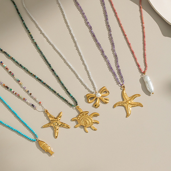 Океанская тематика драгоценные камни круглые бусины 304 ожерелья из нержавеющей стали подвески для женщин, реальный 18 k позолоченный