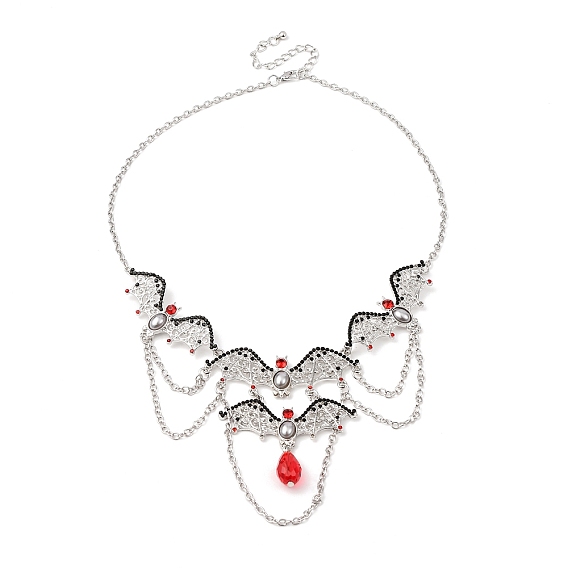 Женские ожерелья-нагрудники с сиамскими стразами в виде летучей мыши на Хэллоуин, с пластиковыми бусинами, имитирующими жемчуг, и подвесками-капельками из красного стекла