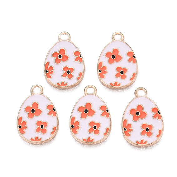 Alloy Enamel Pendants, Light Gold, Cadmium Free & Lead Free, Easter Egg Shape with Flower