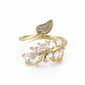 Brass Micro Pave Clear Cubic Zirconia Cuff Rings, Open Rings, Nickel Free, Leaf