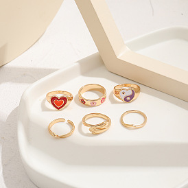 Geometric Joint Ring Set with Tai Chi Palm Alloy and Love Heart Design (6 Pieces)