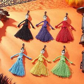 Halloween Cotton Threads Tassel & Synthetic Turquoise Skull Pendant Decorations, with Lobster Claw Clasps