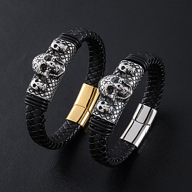 Браслеты из плетеного шнура из искусственной кожи в стиле панк, 304 Браслеты с подвесками в виде черепа из нержавеющей стали для мужчин, с магнитной застежкой
