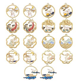 18Pcs 9 Style Golden Alloy Enamel Pendants, Flower & Flat Round