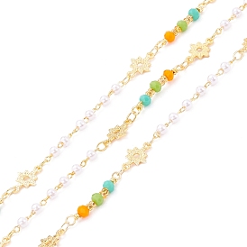 Handmade Brass Star Link Chains, with Imitation Pearl & Faceted Glass Beads, Long-Lasting Plated, Soldered, with Spool, Golden