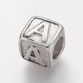 304 Stainless Steel European Beads, Horizontal Hole, Large Hole Beads, Cube with Letter