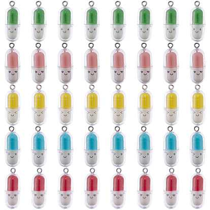 40шт 5 цвета полупрозрачные пластиковые подвески, очарование капсулы таблетки, с платиновыми тоновыми железными петлями