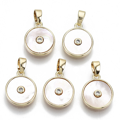 Brass Micro Pave Clear Cubic Zirconia Charms, with Freshwater Shell and Snap On Bails, Nickel Free, Real 18k Gold Plated, Flat Round