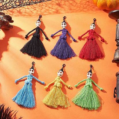 Halloween Cotton Threads Tassel & Synthetic Turquoise Skull Pendant Decorations, with Lobster Claw Clasps