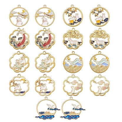 18Pcs 9 Style Golden Alloy Enamel Pendants, Flower & Flat Round