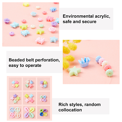 808Pcs 10 Style Opaque Acrylic Beads, DIY Bracelet and Necklace Accessories, Crown & Bear & Barrel & Shell & Star & Heart & Rose & Flat Round with Peace Sign & Corrugated Round & Flower