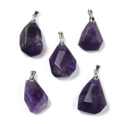 Подвески из натуральных аметистов с ограненными самородками, с реечной обшивкой латунными выводами, платина