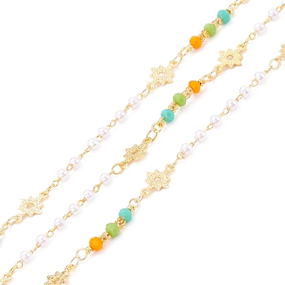 Handmade Brass Star Link Chains, with Imitation Pearl & Faceted Glass Beads, Long-Lasting Plated, Soldered, with Spool, Golden