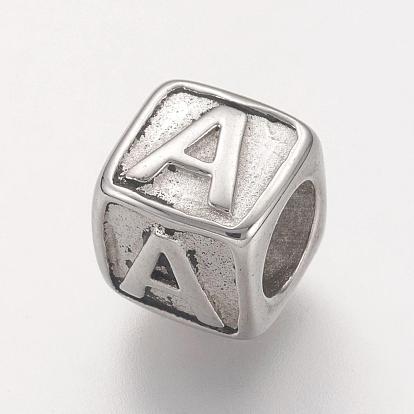 304 Stainless Steel European Beads, Horizontal Hole, Large Hole Beads, Cube with Letter