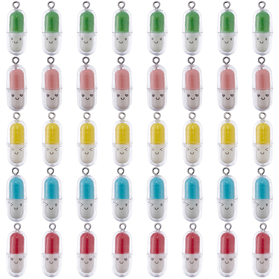 40шт 5 цвета полупрозрачные пластиковые подвески, очарование капсулы таблетки, с платиновыми тоновыми железными петлями