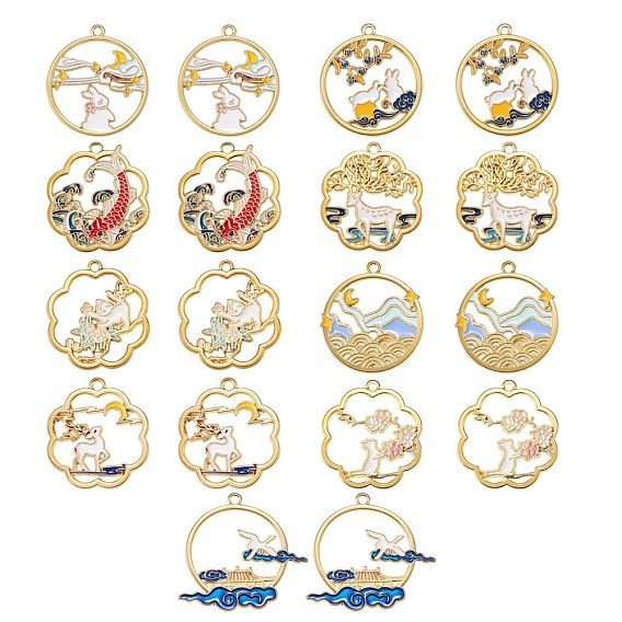 18Pcs 9 Style Golden Alloy Enamel Pendants, Flower & Flat Round