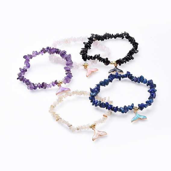 Chip Natural Gemstone Stretch Charm Bracelets, with Zinc Alloy Enamel Pendants and Brass Beads, Whale Tail Shape