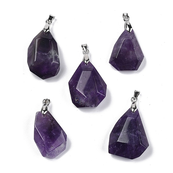 Подвески из натуральных аметистов с ограненными самородками, с реечной обшивкой латунными выводами, платина
