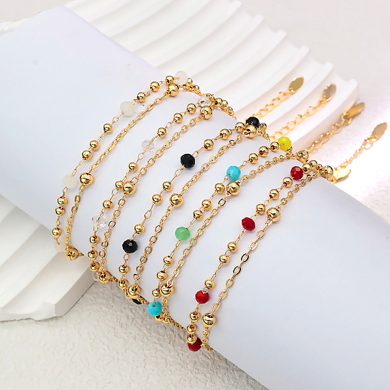 Модные двухслойные регулируемые женские браслеты на щиколотку из латуни и граненого стекла в винтажном стиле, реальный 18 k позолоченный