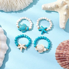 Кольца из синтетической бирюзы, с латунными бусинами, синтетическими магнезитовыми бусинами и эластичной хрустальной нитью