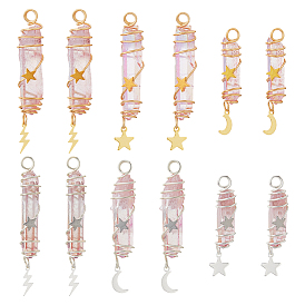 12 шт. 6 стили гальванизированные натуральные кварцевые кристаллы заостренные медные проволочные подвески-пули, с латунью и 304 нержавеющей сталью звезда молния луна, розовые