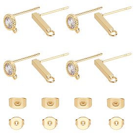 CHGCRAFT 8Pairs 2 Styles Brass Stud Earring Finding, Long-Lasting Plated, with Loop and Ear Nuts, Strip & Flat Round