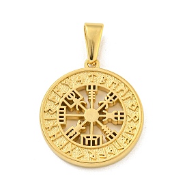 Ion Plating(IP) 304 Stainless Steel Pendants, Flat Round with Vegvisir Charm