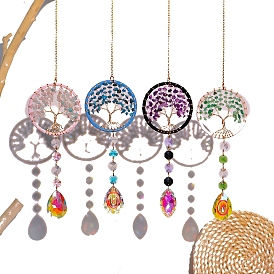 Teardrop Glass Suncatchers, Tree of Life Gemstone Chip Hanging Ornaments, Rainbow Maker, for Garden & Home Decoration