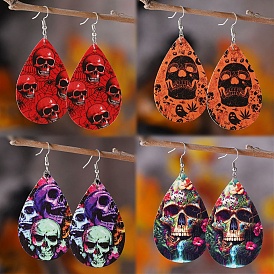 Halloween PU Leather Earrings, with Stainless Steel Earrings Hook, Teardrop with Skull, Platinum