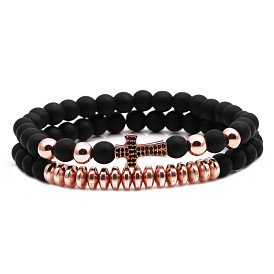 Stylish Cross Bracelet Set with Micro Pave Zirconia and Matte Black Beads - 6MM Woven Design